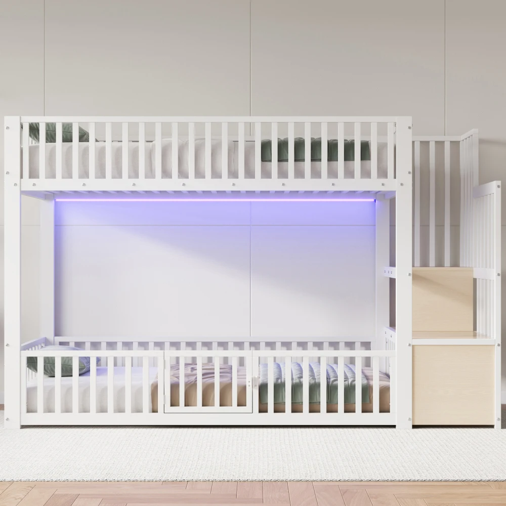 90x200cm & 140x200cm Etagenbett mit Stauraum und sicherer Position, Kinderbett mit integrierter LED-Beleuchtung, Sicherheitstreppe – Detail 21
