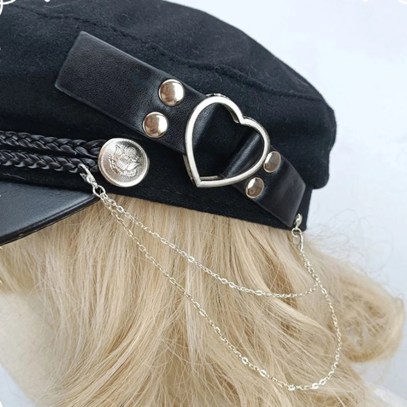 Lolita – béret en feutre pour filles, casquette avec boucle en cœur d'amour, ceinture pour femmes, mode chaîne à pampilles octogonale, fête Cosplay pour adolescents adultes_voghion.com