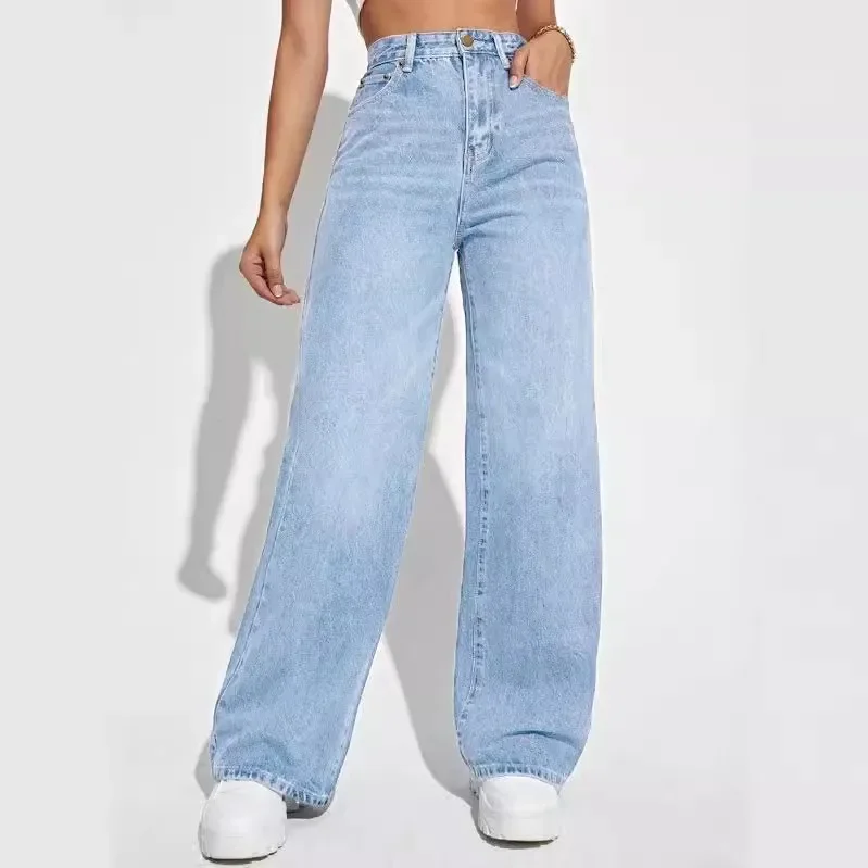 Women Denim Pants Solid Pocket Straight Jeans High Waist Loose Casual Long Denim Trousers Spring Autumn