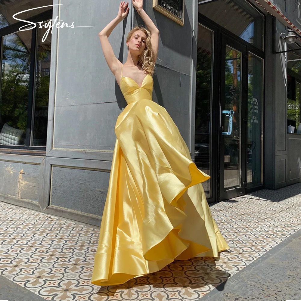 Evening Prom Dresses Formal Occasion Dresses Yellow Satin Sparklelong A Line Spaghetti Straps