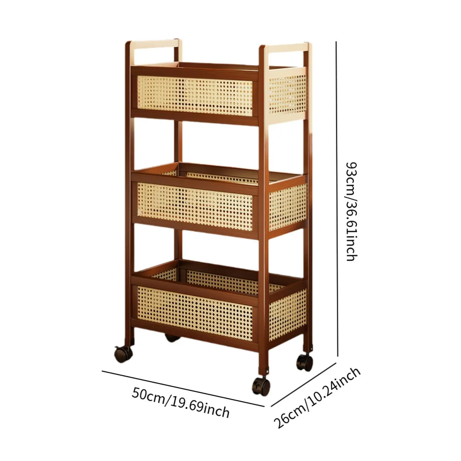 Wooden 3 Tier Rolling Utility Cart with Baskets Quick Installation for Home Office Versatile with Wheels 50x26x93cm Mobile Cart