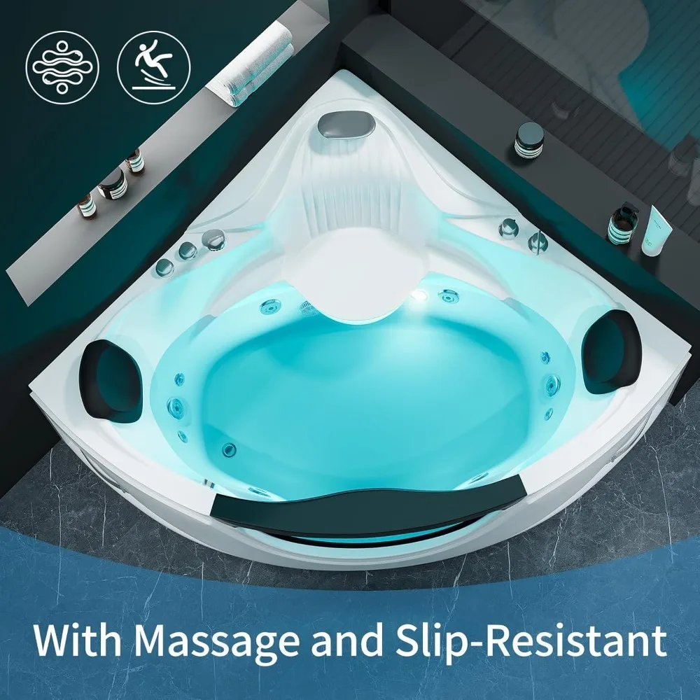 Whirlpool Bathtub, Corner Back to Wall Freestanding Whirlpool Tub, Therapy Hydro-Massage Soaking Tub with Double Pillow Jets Tub 3