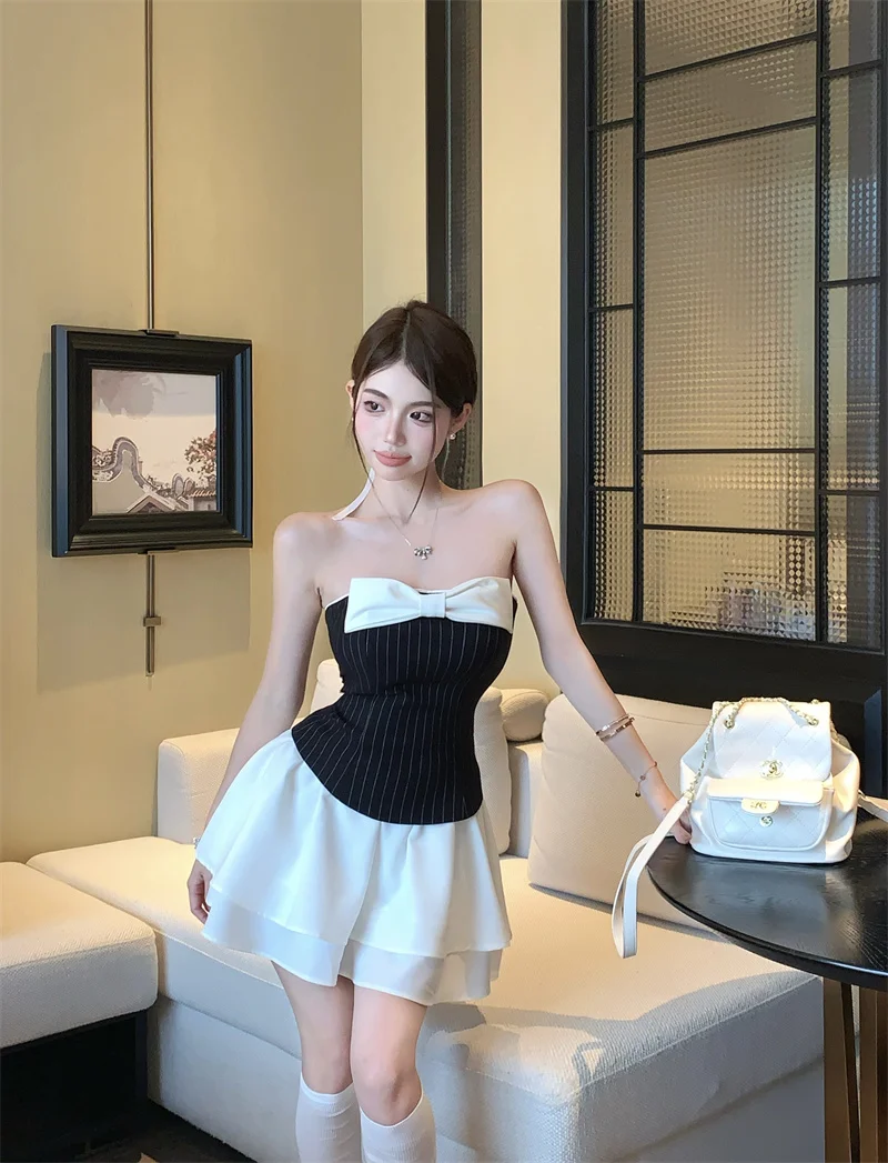 Sexy Striped Patchwork Short Dresses for Women Strapless Layered Ruffles A-line Bow Birthday Party Dress Korean Fashion Vestido