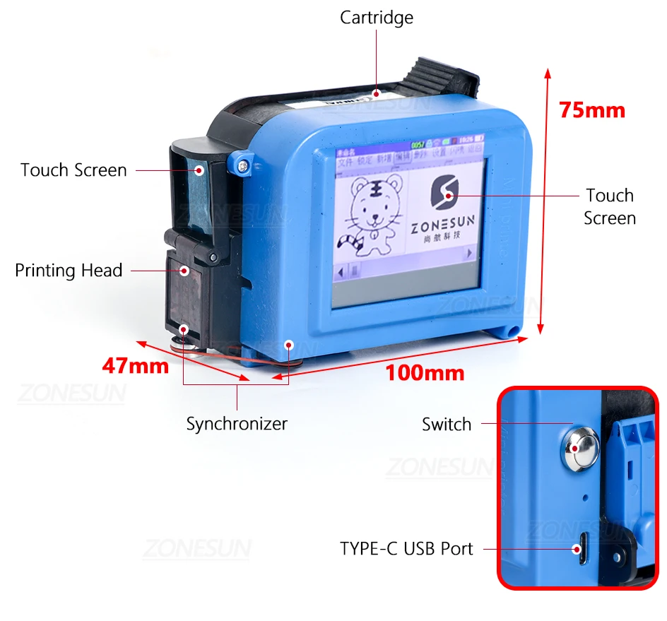 Ручной струйный принтер ZONESUN, портативная машина для кодирования даты, QR-код, штрих-код, серия, серийный номер, печатная машина для бутылок ZS-DC1 