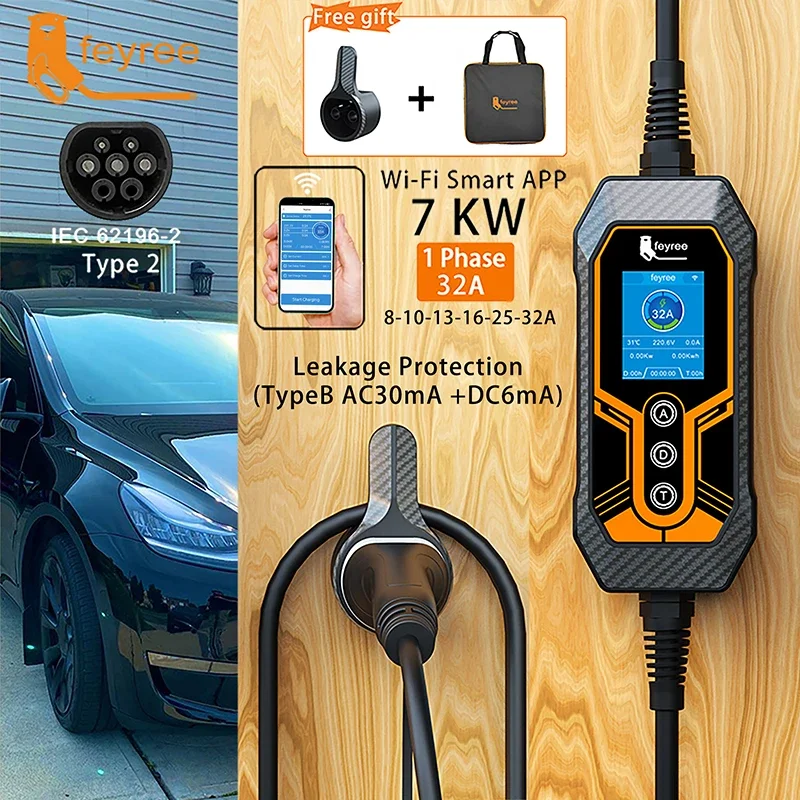Ev charger Portable EV Charger Type2 32A 7KW Wi-Fi APP Control Current Adjustable Smart Timing Charging EVSE Wallbox Home&Outdoor
