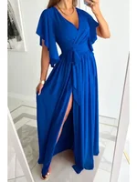 Plus Size Women's Dress Fashion Loose Comfortable Commuting Dress Solid Color Flare Sleeves V-Neck Casual Floor Slit Dress