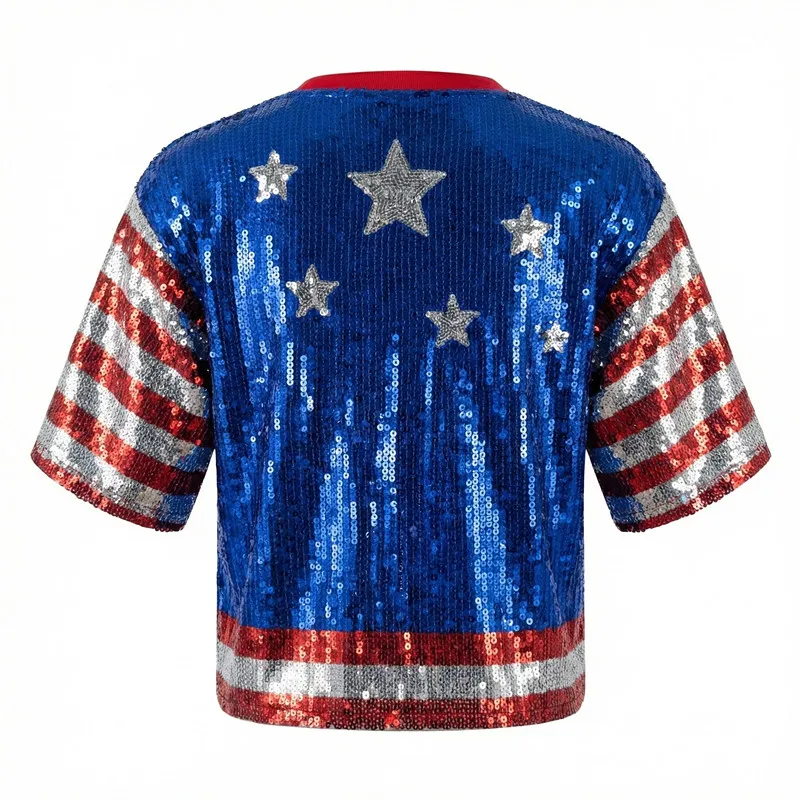 Summer New Fashion Sparkling Sequin Women Short T-shirt Simple Round Neck Female Casual Loose Tops 2