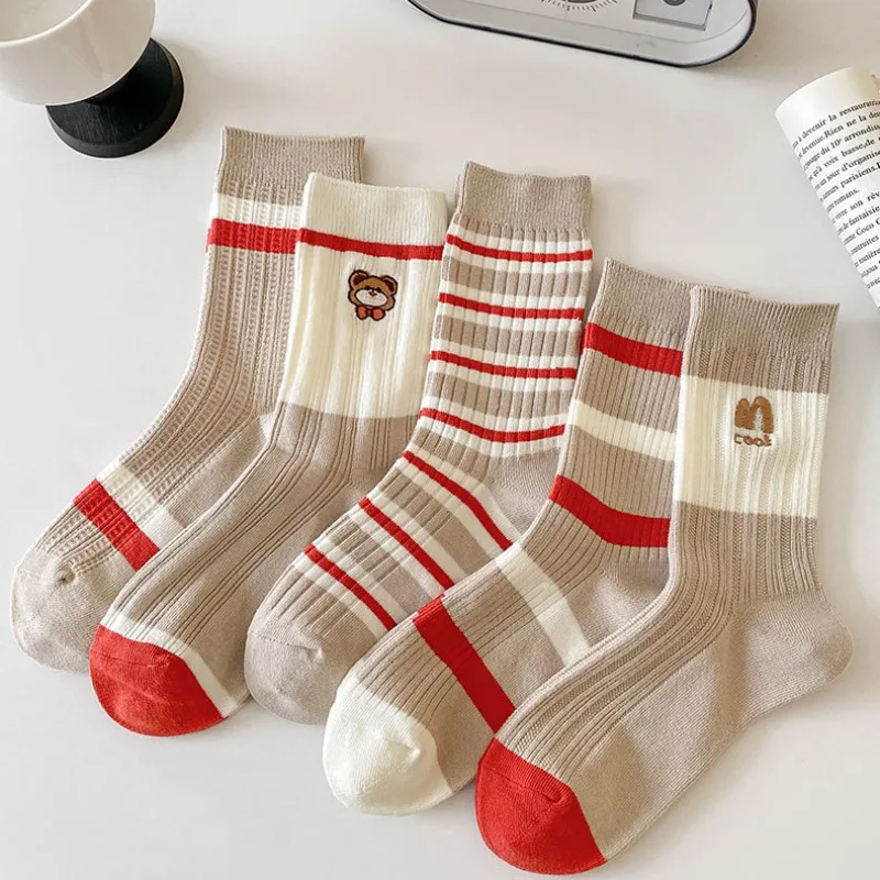 

Simple Stripe Women Socks Ribbed Kawaii Bear Letter Embroidery Long Woman Socks Breathable Girl Socks Winter Autumn Lady Sock