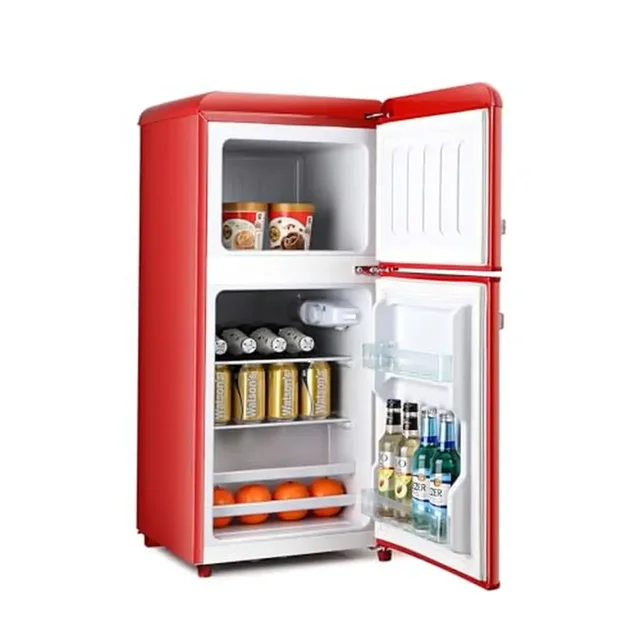 Red Retro Mini Fridge Freezer Double Door Glass Shelf Compact 3.2 cu. ft Adjustable Temperature Ice Trays Energy Efficient Ideal 1
