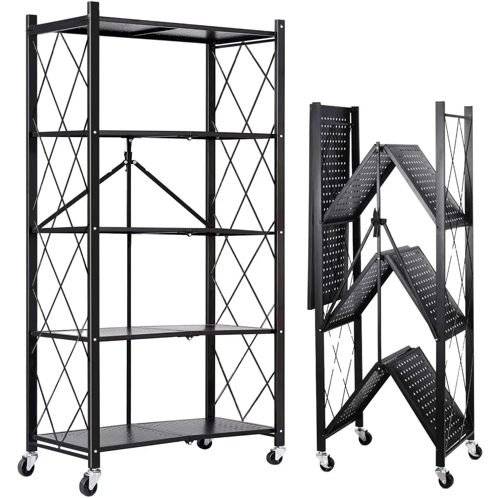 

5 Tier Storage Shelves Foldable Metal Shelving Units Storage Racks With Lockable Wheels Curtains Roller Blinds Black Persiana