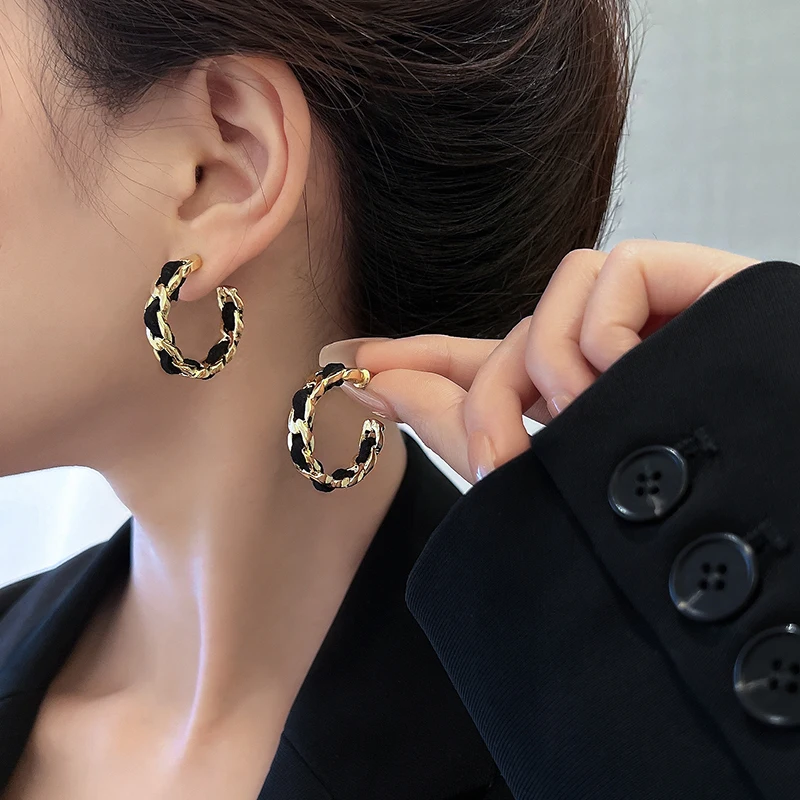Metal Black Leather Rope Gold CC-Shaped Earrings For Womnen Luxury Elegant  Chain Korean Gothic Statement Jewelry Party for Girls - AliExpress