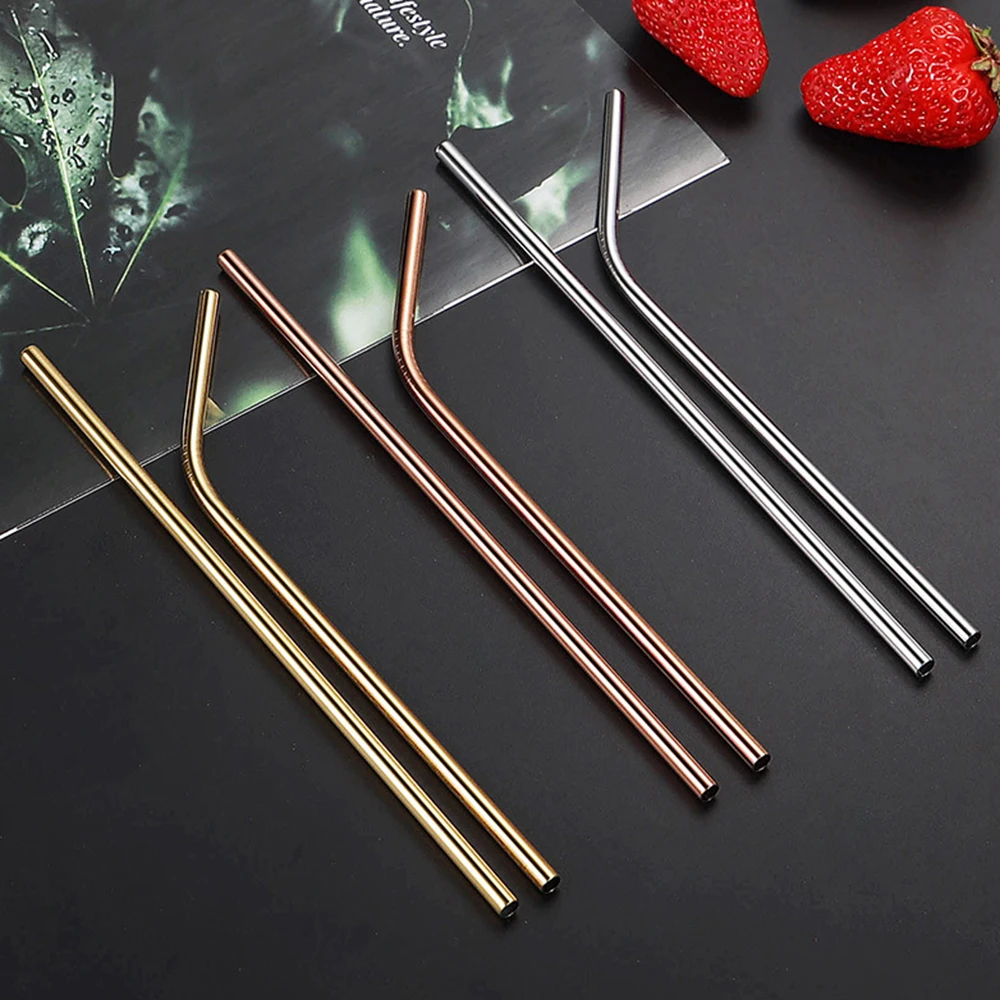 Elegant Rose Gold Reusable Stainless Steel Straw Set with Cleaning Brush - 14 Piece Home and Bar Collection