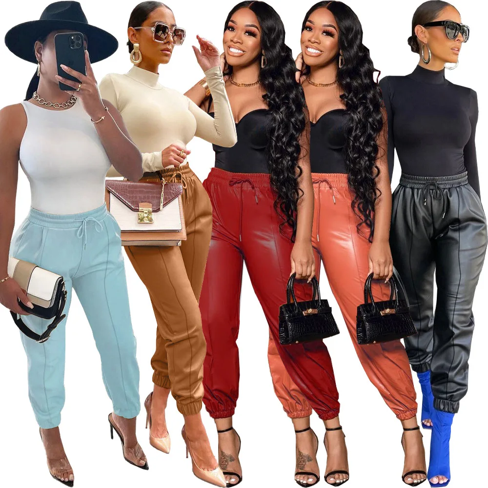 BKLD Winter Outfits For Women Solid Color Sexy PU Leather Casual Pants High Waist Trousers Fashion Streetwear Y2k Pants