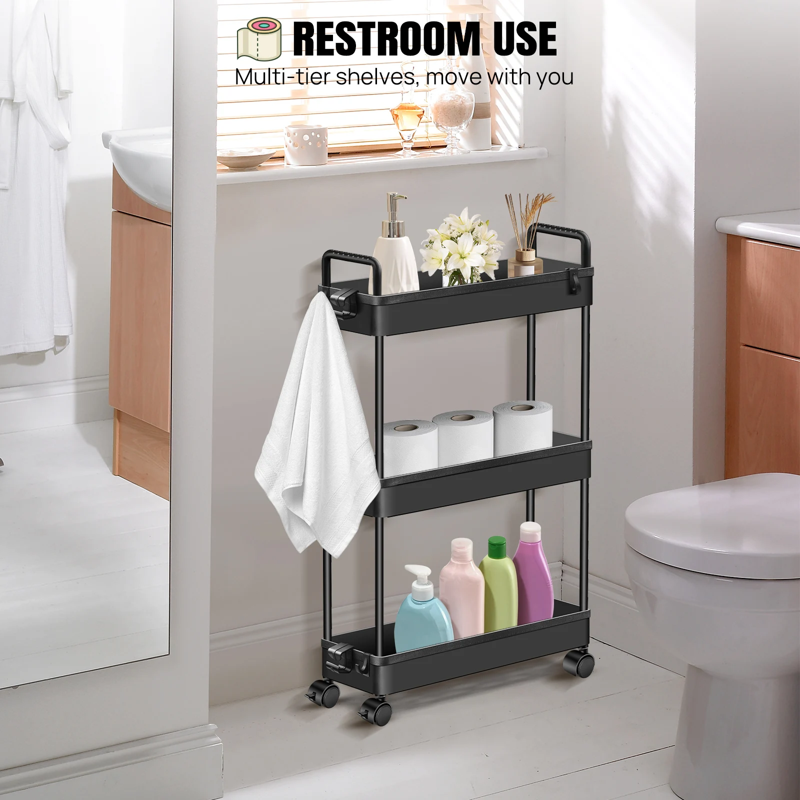 DayPlus 3-Tier Storage Trolley Cart Slide-out Slim Rolling Utility Cart Mobile Storage Shelving Organizer for Kitchen, Bathroom: 3 - 5 Days Free Delivery Only UK