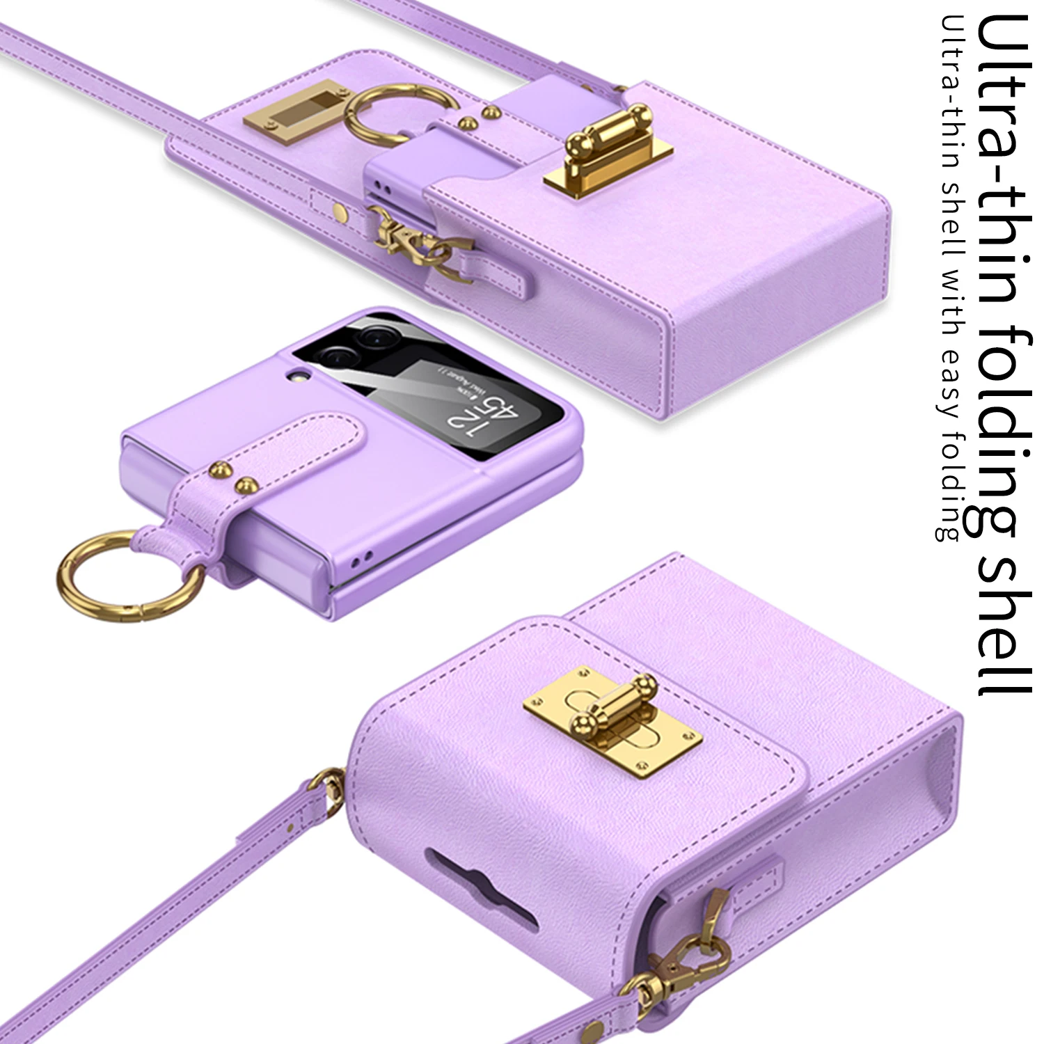 Samsung Galaxy Z Flip 3 4 5G için Mini Omuz Ultra Ince Halkalı Düz Deri Zincir Kordon Telefon Çantası_voghion.com