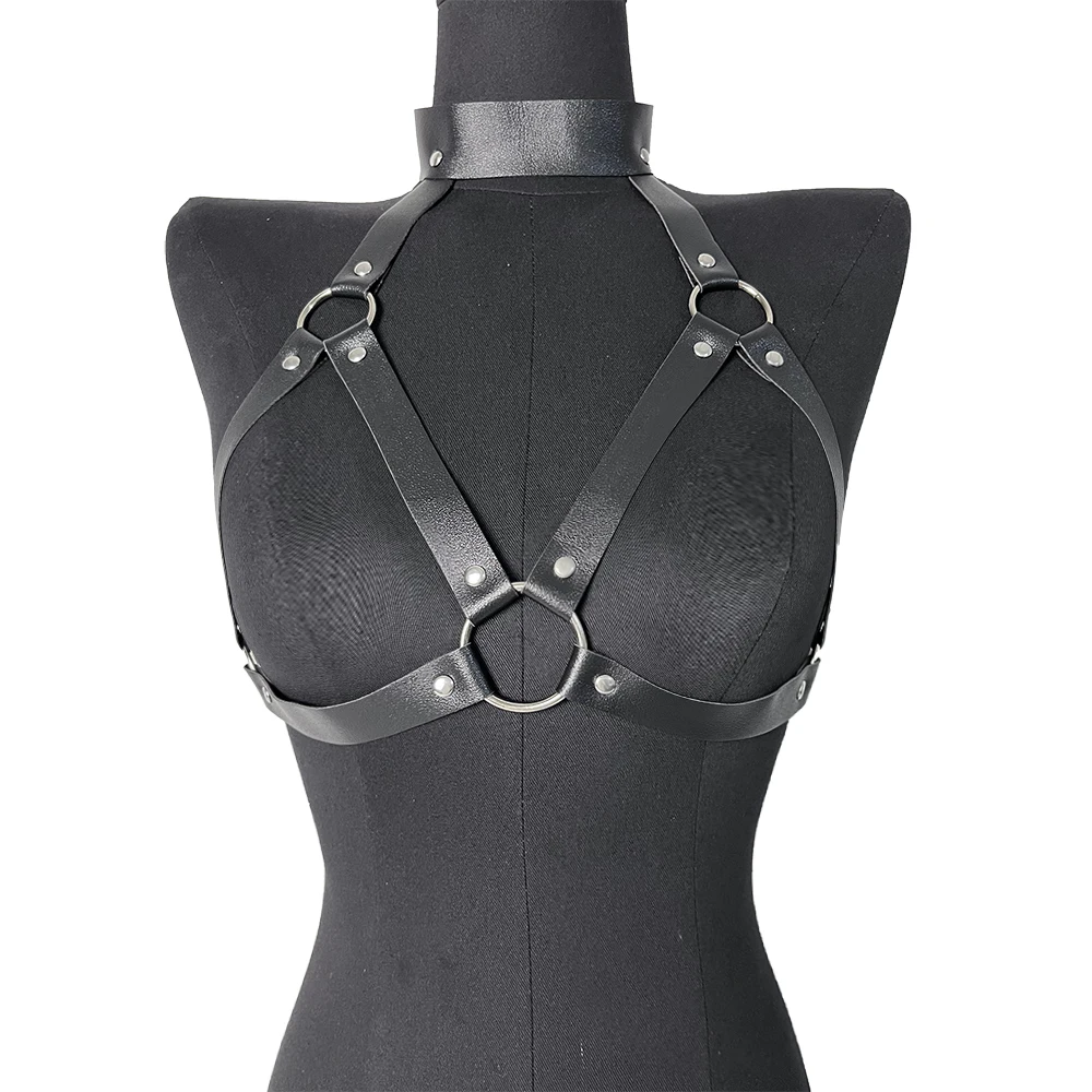 Leather Lingerie Accessories Cage Lingerie Women Bondage Body Harness Goth Crop Tops Leather Bra Cage BDSM Collar Belt Chain Slave Breasts Sex Toys