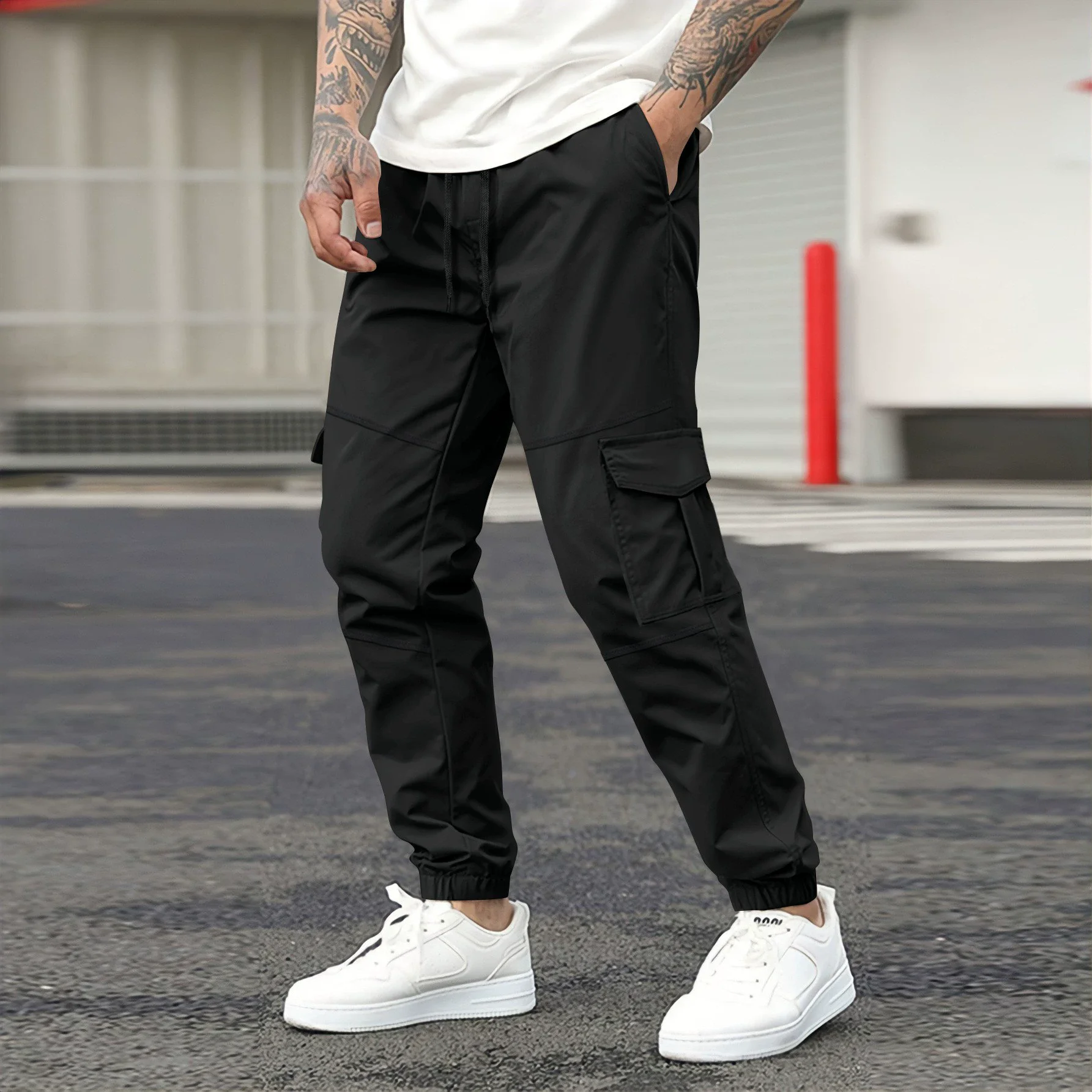 Spring Autumn New Men's Youth Drawstring Pocket Work Clothes Long Pants Fashion Leisure Outdoor Sports Fitness Bag Foot Pants