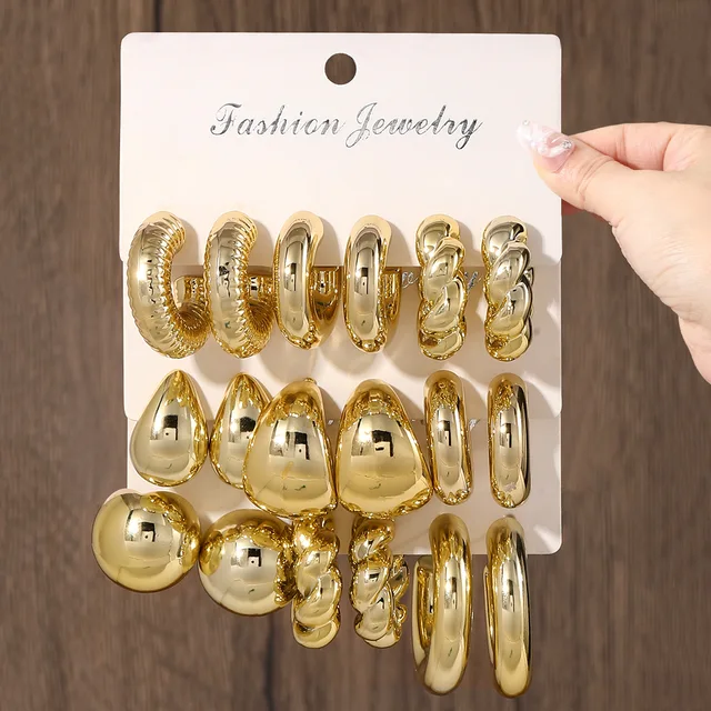 6Pcs Chunky Gold Waterdrop Hoop Earrings 2