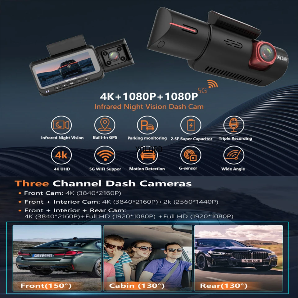 REDTIGER 4K 3 Channel Dash Cam, 5GHz WiFi Built-in GPS, 64GB Card