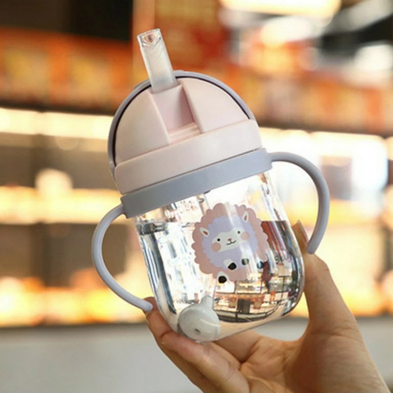 250ML Cartoon Pattern Outdoor Child Drinking Bottle Straw Cup With Suction Ball For Kids Training Portable Handle Water Bottle