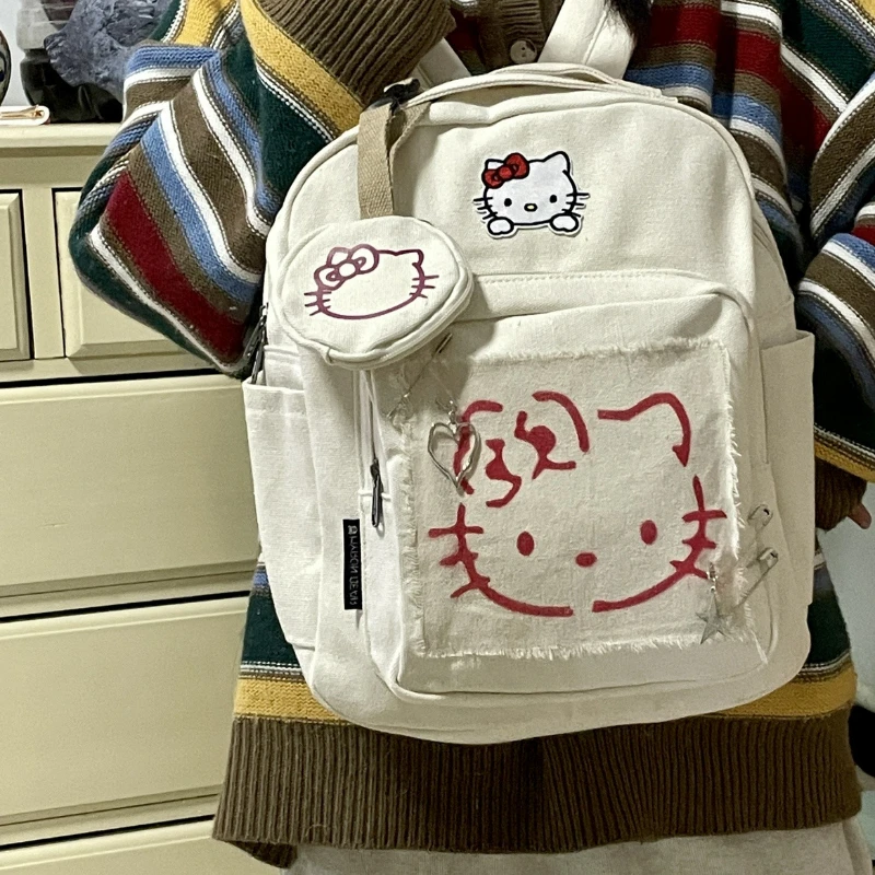 2024 New Millennium Retro Sweet Girl Cute Hello Kitty Patch Casual College Style Backpack Large Capacity School Bag
