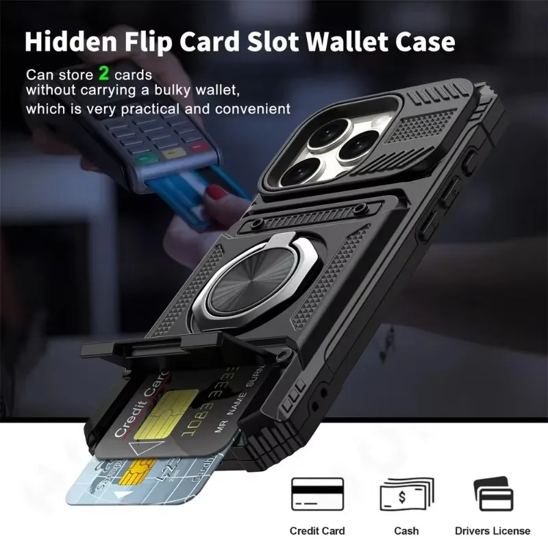 iPhone 16 15 14 13 11 Pro Max dėklas su magnetiniu pasukamu žiedu, tvirtas, apsaugantis nuo kritimų, piniginės dangtelis, karinės kokybės_voghion.com
