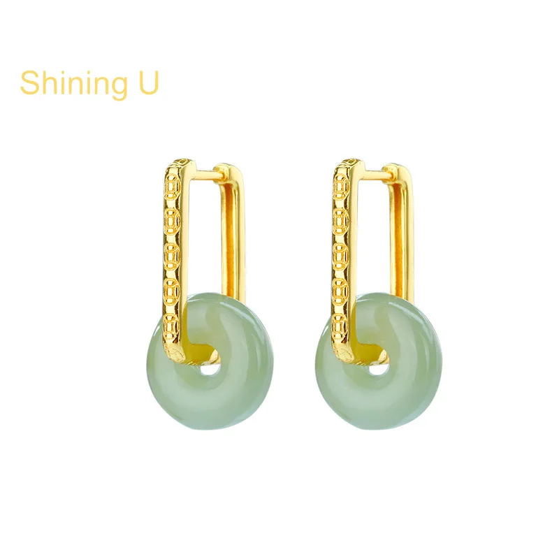 

Shining U S925 Silver New Chinese Sytle Round Hetian Jade Drop Earrings Gold Plated Fine Jewelry Anniversary