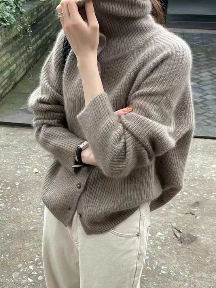 여성용 100 순모 니트 가디건, 하이넥 스웨터, 편안하고 짧은 코트, 긴팔 스웨터, 신상 핫 세일