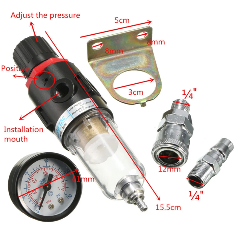 1/4'' Air Compressor Filter Water Separator Trap Tools Kit With Regulator Gauge air filters
