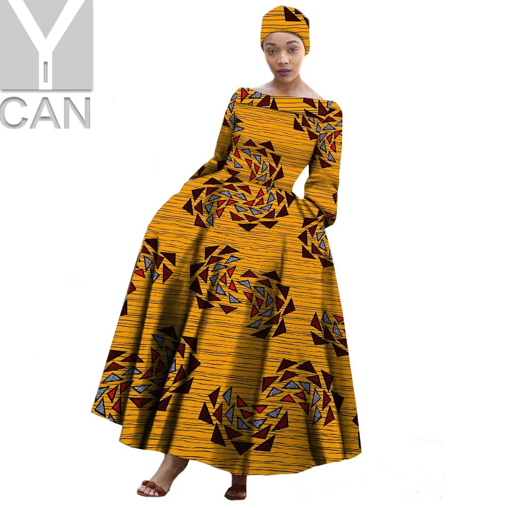 Fashion African Dresses for Women Bazin Riche Ankara Print Long Skirt with Pockets Match Headwrap Vintage Party Vestido A722559