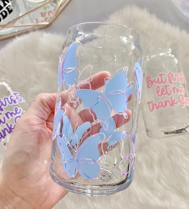 Glass Tumbler With Straw and Lid. Beer Can Glass With Butterflies.  Butterfly Iced Coffee Glass. Travel Boho Coffee Cup. 