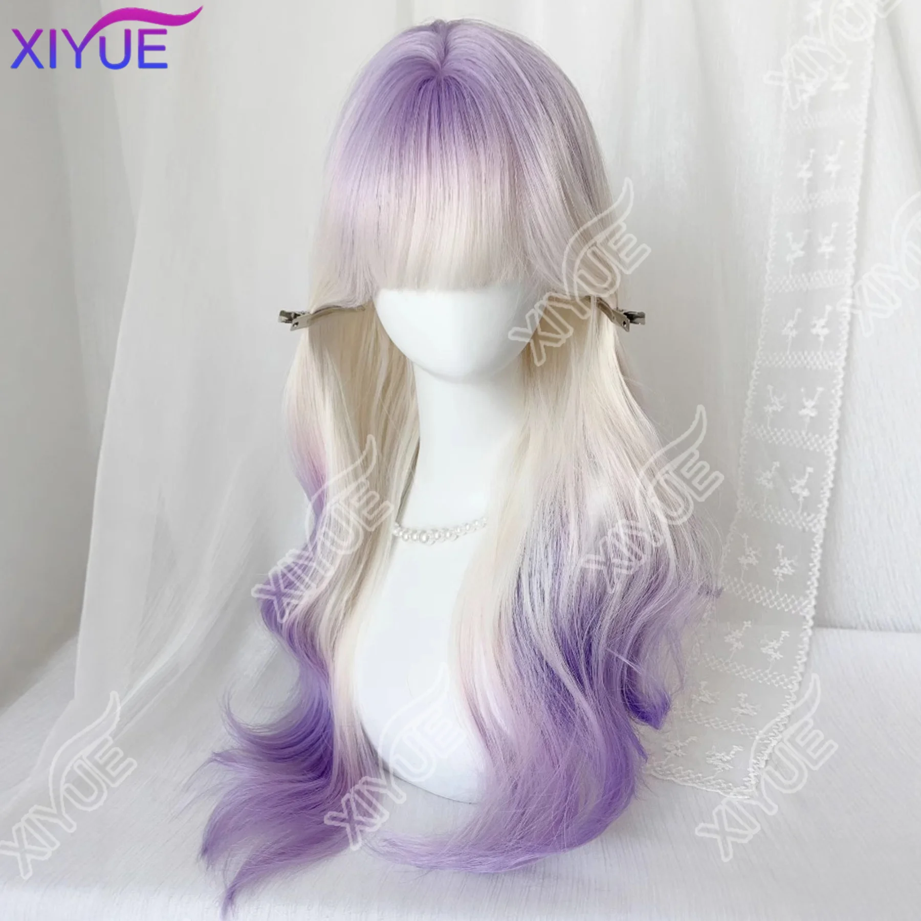 Synthetic Women Lolita Wavy Curly Milk white gradient violet Color Long Curly Hair Wigs With Bangs Cosplay Hair Wig For Daily
