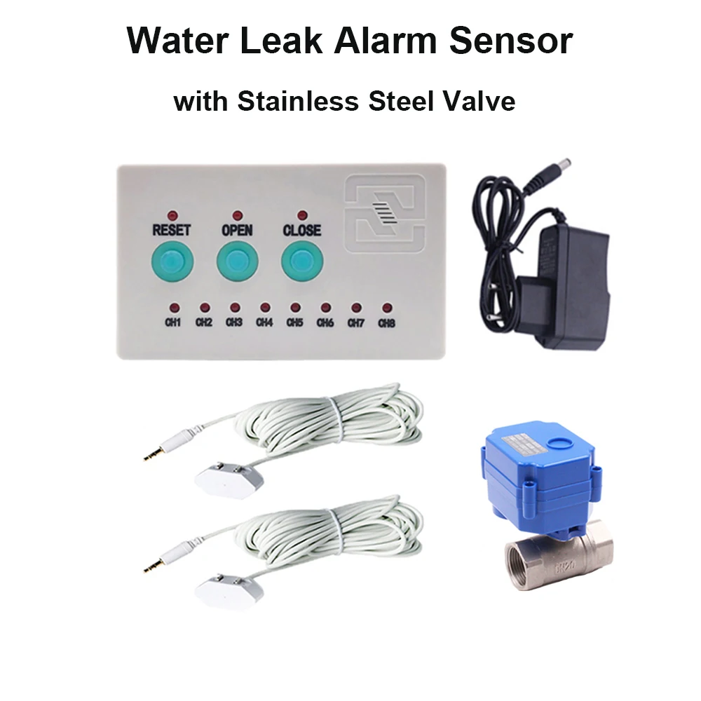 

Water Leakage System with 1pc 1/2", 3/4", 1" Stainless Steel Valve and 2pcs 6-M Water Sensors Protection Against Overflow Leaks