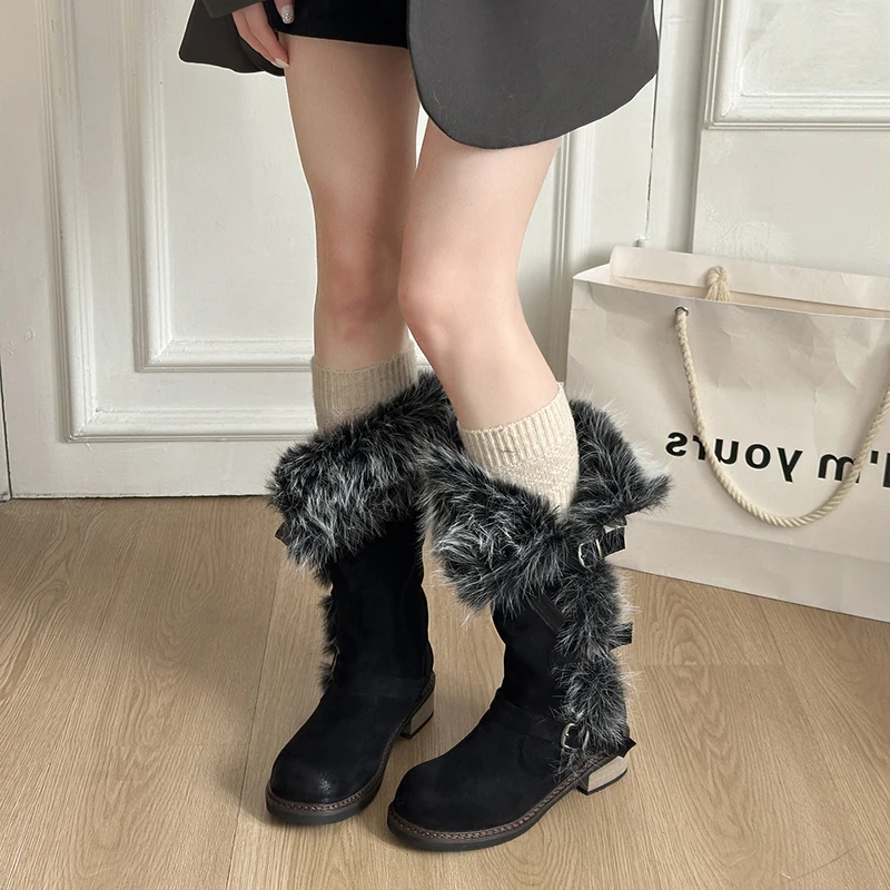 Aphixta Fashion Mid-Calf Snow Boots For Woman Buckle Design Slip On Furry Warm Winter Boots Plush Lining Med Heel Women Shoes