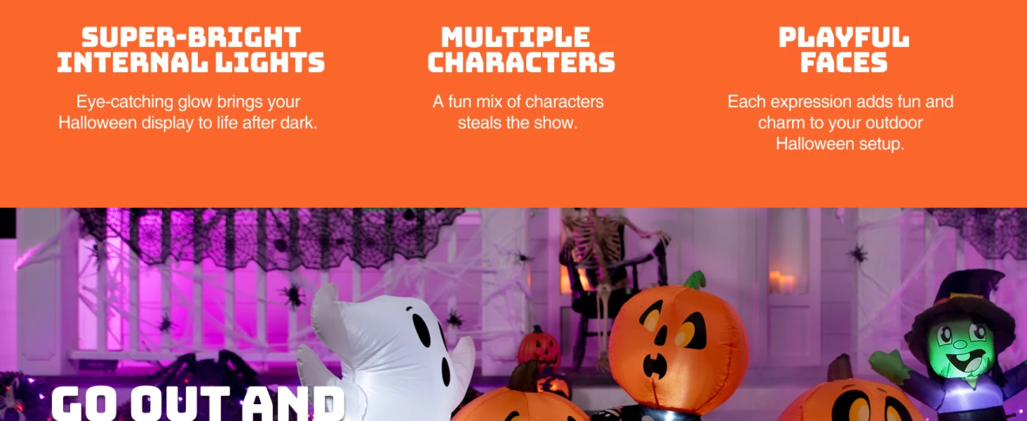 JOYFY 8 ft Long Halloween Inflatable Three Characters and Pumpkin Patch Outdoor Decoration Inflatable Witch Ghost Skeleton Yard