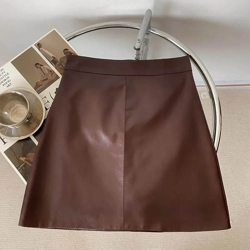 

Elegant Short Skirt High Waist Faux Leather A-line Mini Skirt with Double Layers Inner Lining Women's Slim Fit for Anti-exposure