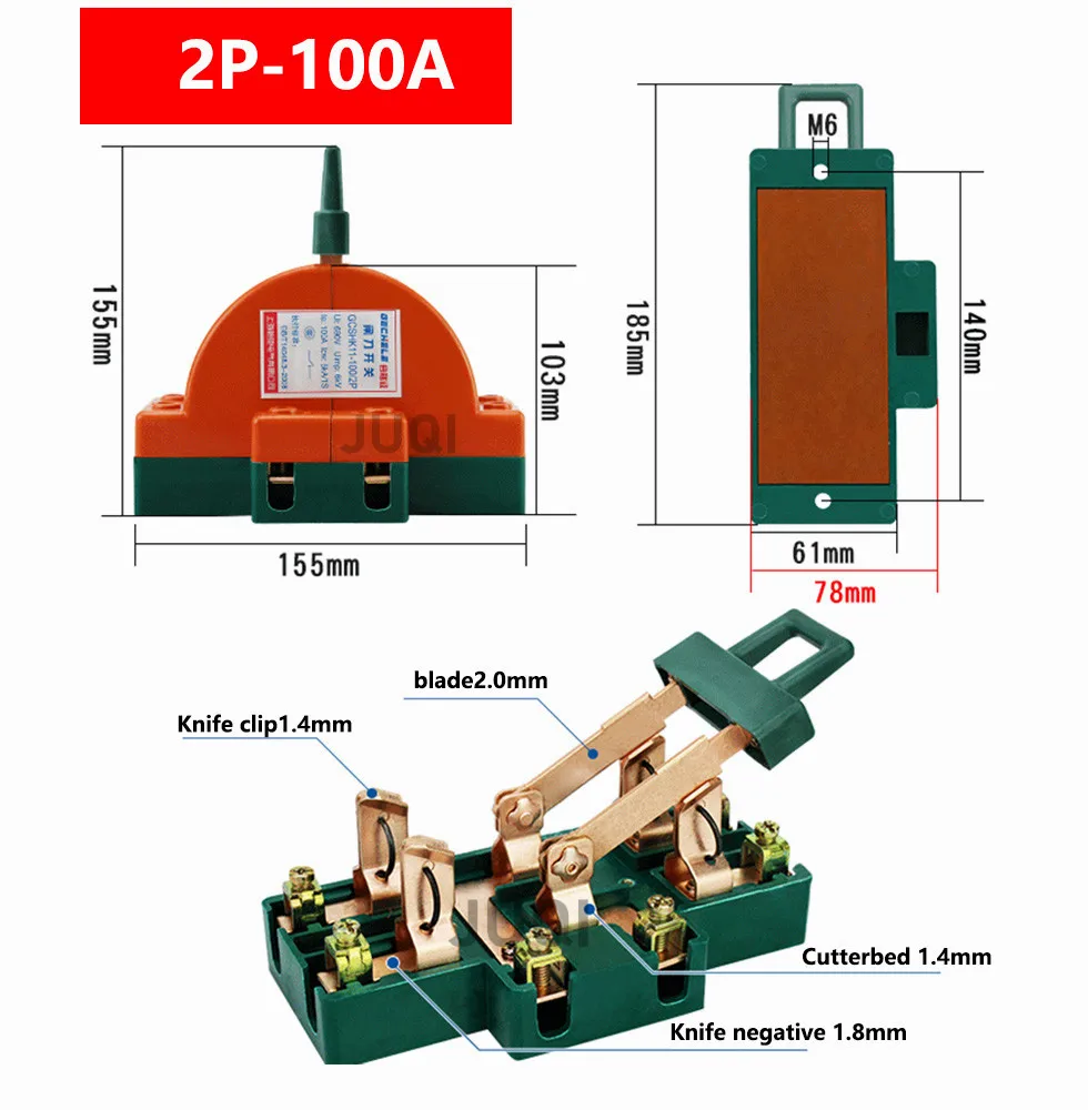 양방향 나이프 스위치 가정용 2P 2상 고전력 32A/63A/100A 220V 이중 던지기 반시계 방향 나이프 스위치