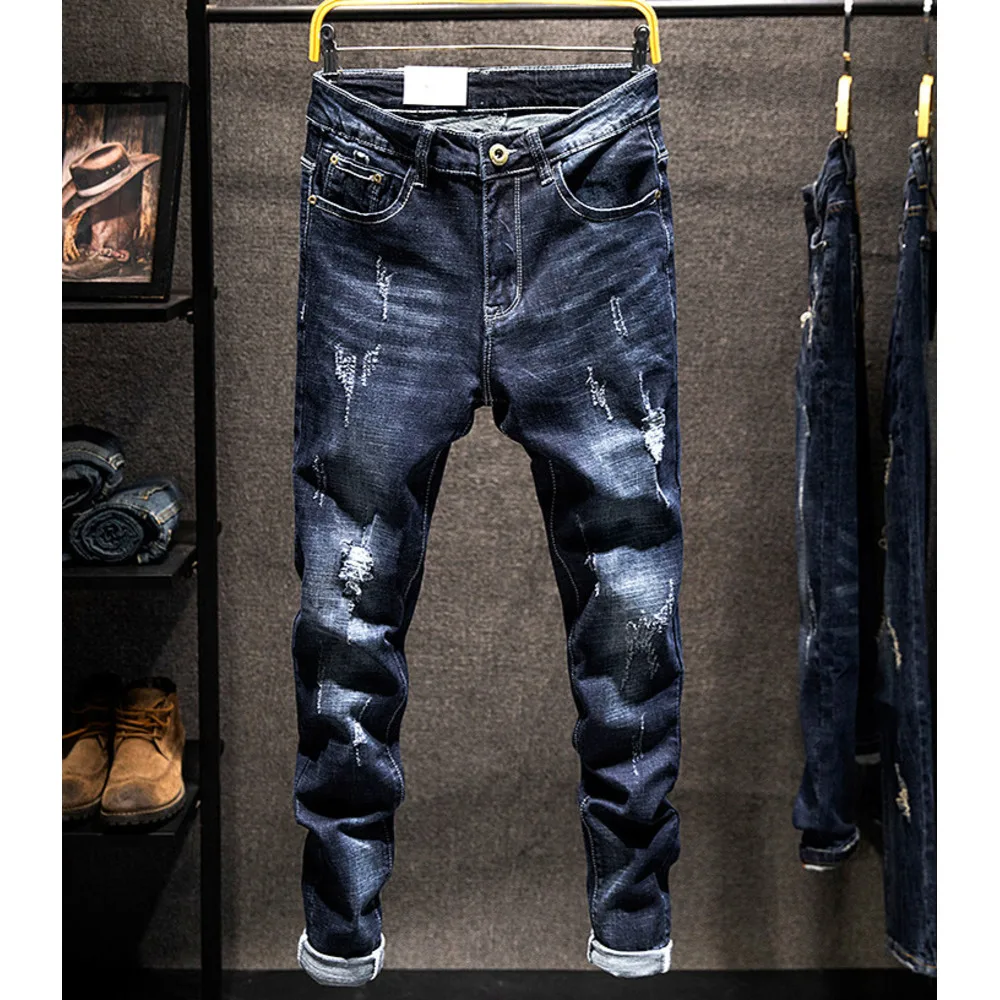 Calças jeans masculinas slim fit elásticas distressed tendência_voghion.com