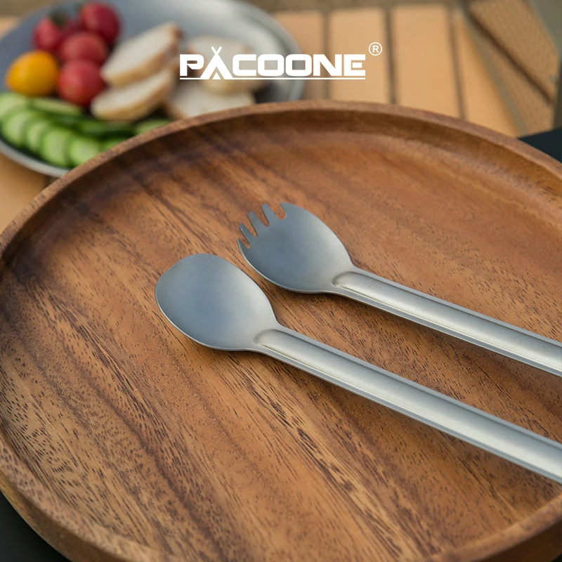 PACOONE 캠핑 티타늄 스포크 스푼 야외 경량 포크 식기 휴대용 피크닉 하이킹 여행 초경량 식기류