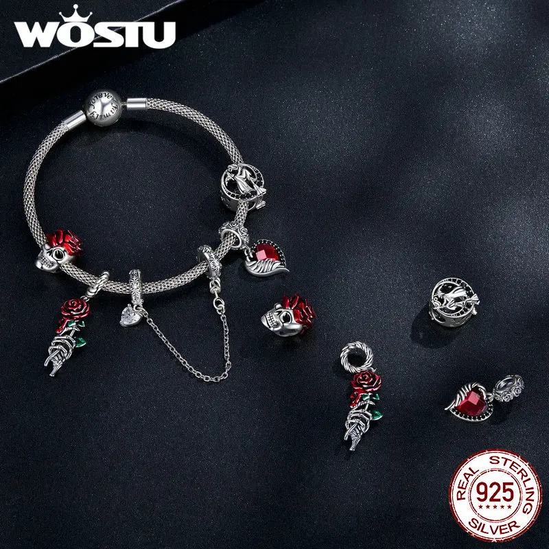 WOSTU 925 Sterling Silver Halloween Collection Red Rose Flower Skull Charms Black CZ Witch Bat Bead fit DIY Bracelet Bangle Punk 2