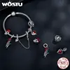 WOSTU 925 Sterling Silver Halloween Collection Red Rose Flower Skull Charms Black CZ Witch Bat Bead fit DIY Bracelet Bangle Punk 2