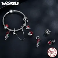 WOSTU 925 Sterling Silver Halloween Collection Red Rose Flower Skull Charms Black CZ Witch Bat Bead fit DIY Bracelet Bangle Punk 2