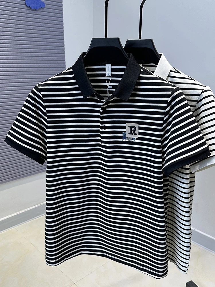 High end brand embroidery men short sleeve polo shirt fashion black white striped summer comfort breathable youth trend T-shirt 14 S70bd8b5c4e8a458482fcc968358218d7h
