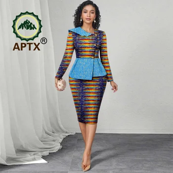 Abiti da donna con stampa africana Ankara Colletto obliquo Top a maniche lunghe e gonna al ginocchio set da due pezzi Abbigliamento casual Dashiki 1