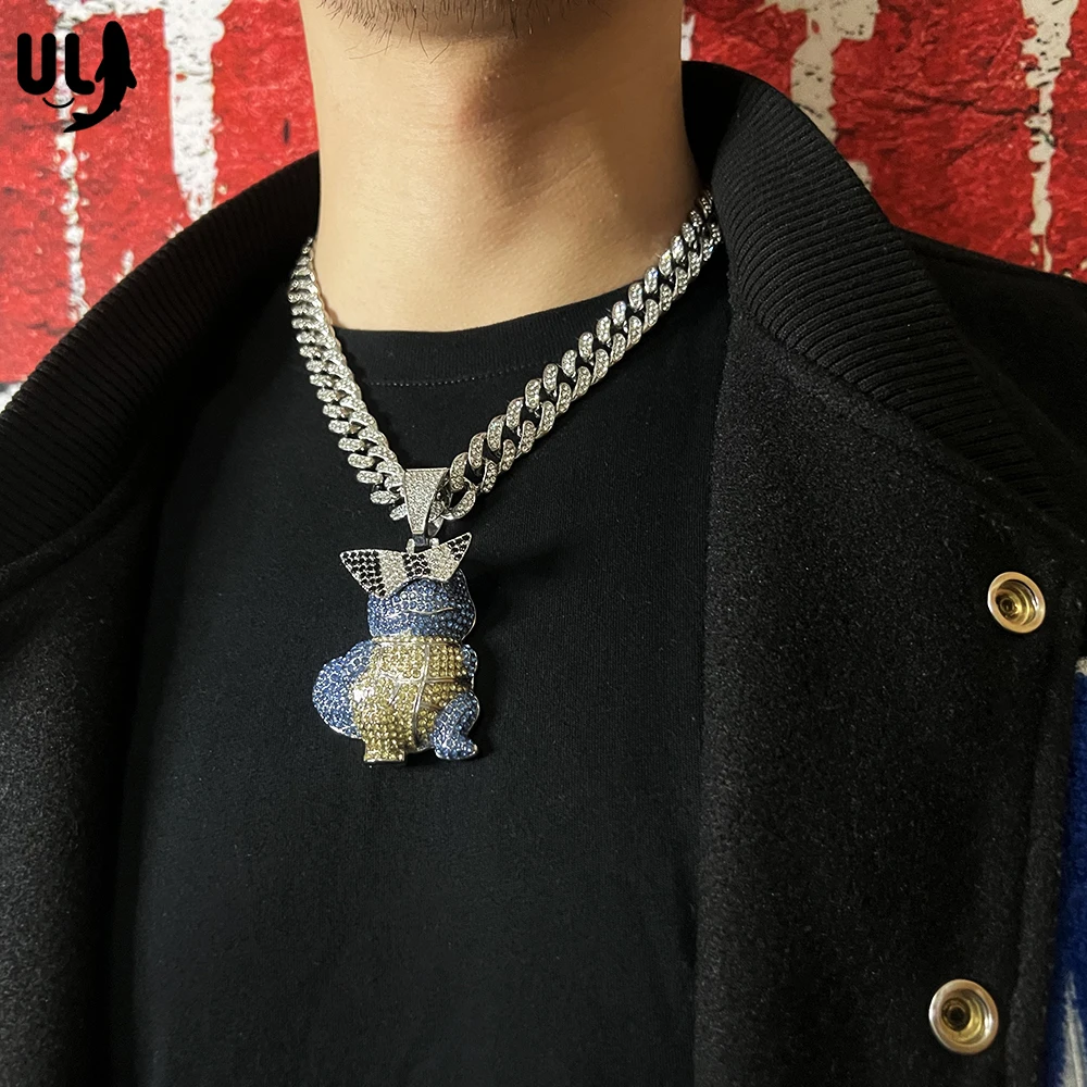 

ULJ Hip Hop Cartoon Dinosaur Pendant AAA Rhinestone Sweater Ice Out Bling Cuban Chain Necklace Jewelry