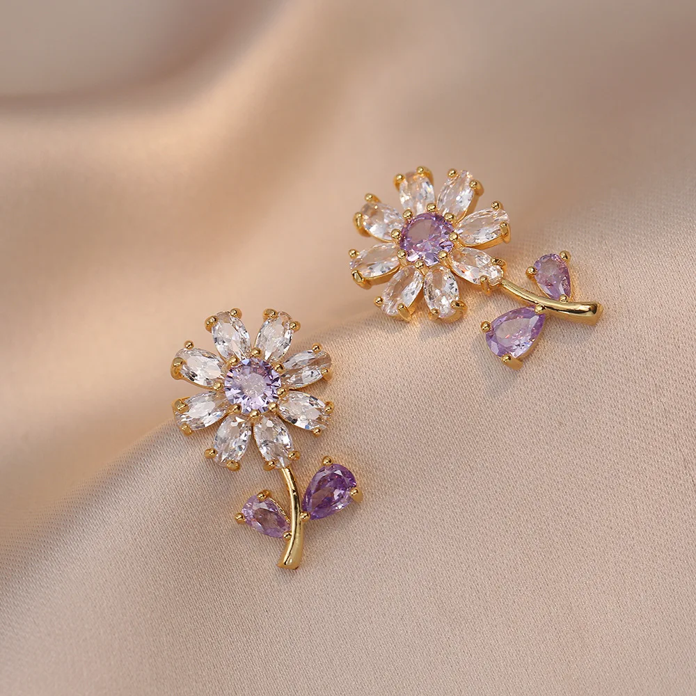 bridal jewelry sets Ins Plant Sunflower Stud Earrings Pendants Silver Gold Color Chains Necklaces Women Purple Zircon Collar Jewelry Sets Gifts