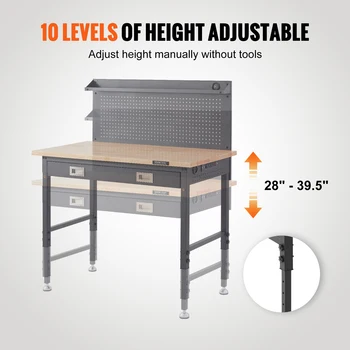 VEVOR 2000lbs Hardwood Workbench Heavy Duty Oak Plank Work Table Carbon Steel with 3m Cable 30 Hooks for Garage Office Workshop 6
