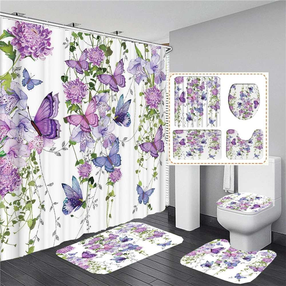 

3D Flowers and Butterflies Shower Curtain Set Elegant Chic Floral Bath Curtain for Bathroom Mats Rugs Carpet Home Decor 180x180