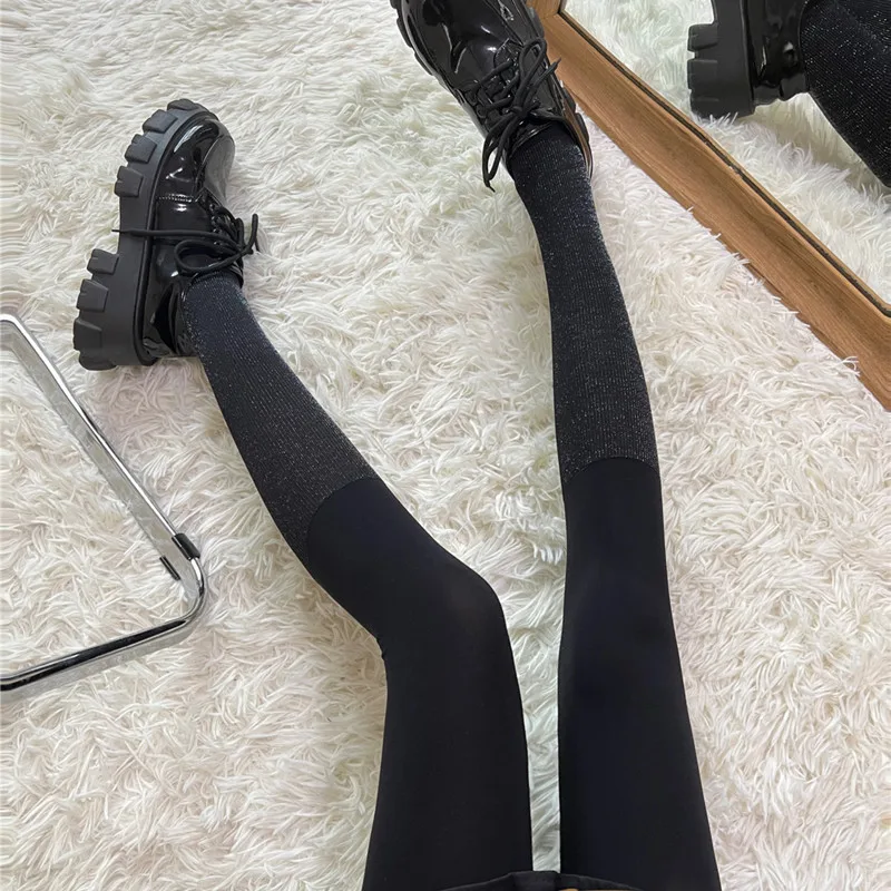 

Fashion Design Patchwork Fake Calf Socks Women Sexy Pantyhose Shiny Silver Silk Lolita Hottie Autumn Regular Thickness Tights