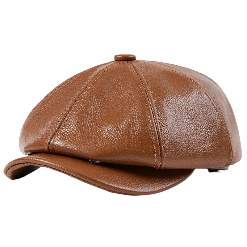 Cowhide Genuine Leather Retro Brown Men's Warm Cap - Spring/Winter Beret Style